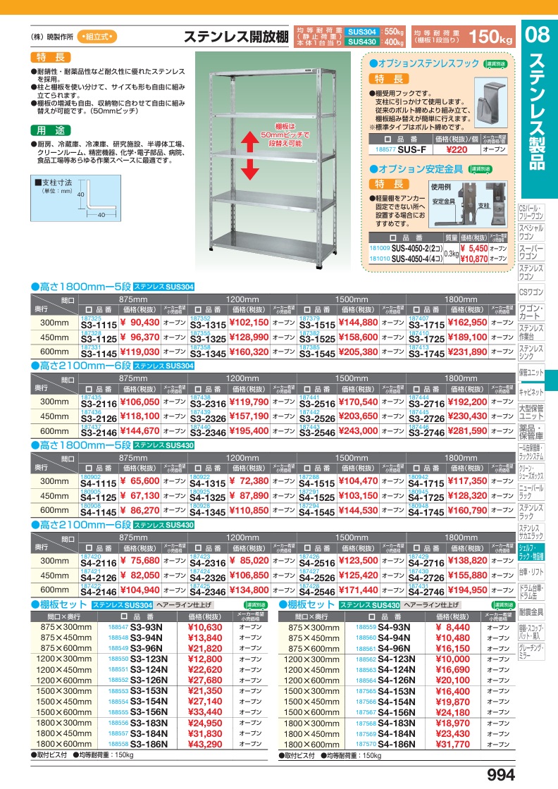 【直送品】 サカエ ステンレス開放棚用オプション棚板 S3-156N (188555) 【特大・送料別】の画像