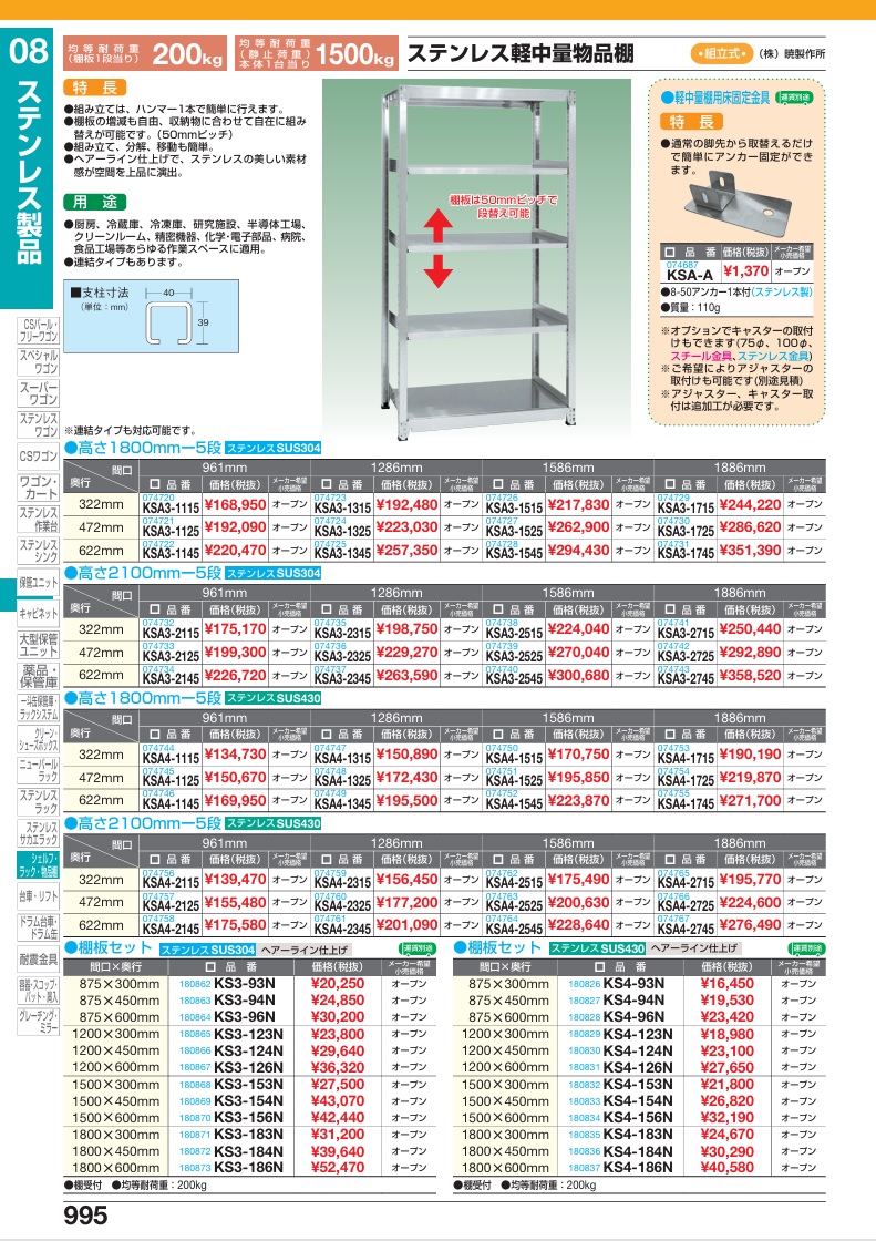【ポイント10倍】【直送品】 サカエ ステンレス軽中量物品棚用オプション棚板 KS3-96N (180864) 【特大・送料別】の画像