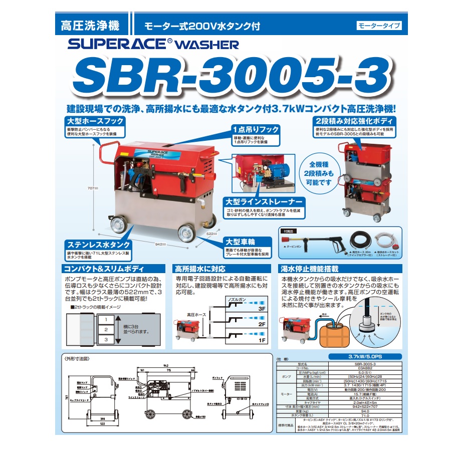 【ポイント5倍】【直送品】 スーパー工業 高圧洗浄機 SBR-3005-3 50Hz (03A8B2-50) 《モーター式200V水タンク付》 【大型】｜douguyasan｜02