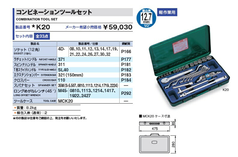 ポイント10倍】TONE (トネ) コンビネーションツールセット K20