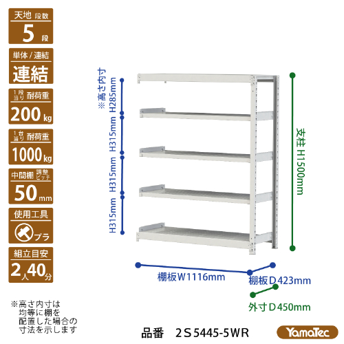【ポイント10倍】【直送品】 山金工業 ボルトレス軽中量ラック 200kg/段 連結 2S5445-5WR 【大型】_1