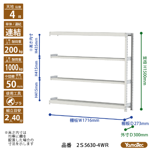 【直送品】 山金工業 ボルトレス軽中量ラック 200kg/段 連結 2S5630-4WR 【大型】_1
