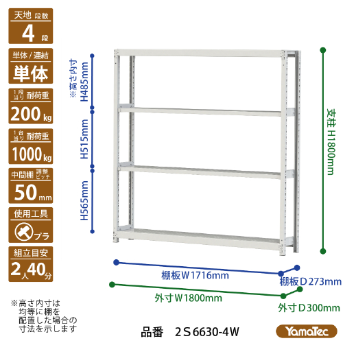 【ポイント10倍】【直送品】 山金工業 ボルトレス軽中量ラック 200kg/段 単体 2S6630-4W 【大型】の画像