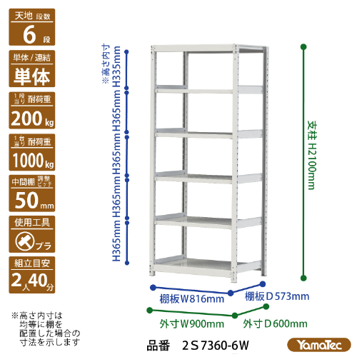 【ポイント5倍】【直送品】 山金工業 ボルトレス軽中量ラック 200kg/段 単体 2S7360-6W 【大型】の画像