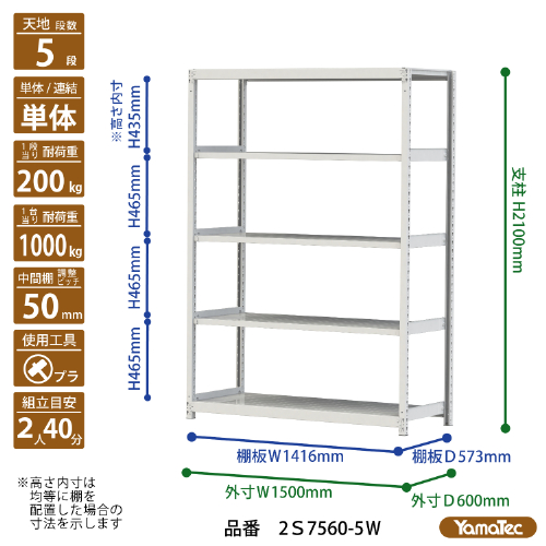 【ポイント10倍】【直送品】 山金工業 ボルトレス軽中量ラック 200kg/段 単体 2S7560-5W 【大型】_1