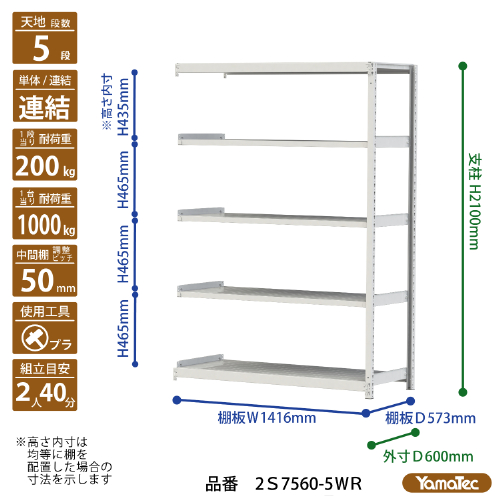 【直送品】 山金工業 ボルトレス軽中量ラック 200kg/段 連結 2S7560-5WR 【大型】の画像