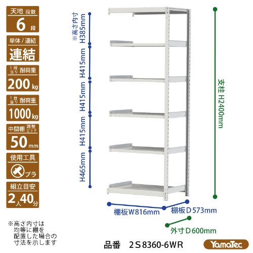 【直送品】 山金工業 ボルトレス軽中量ラック 200kg/段 連結 2S8360-6WR 【大型】_1
