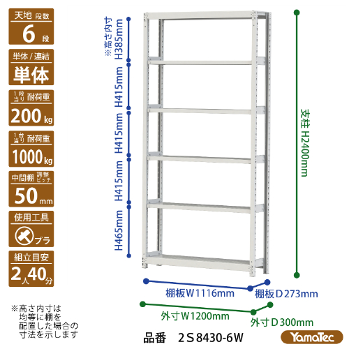 【ポイント10倍】【直送品】 山金工業 ボルトレス軽中量ラック 200kg/段 単体 2S8430-6W 【大型】の画像