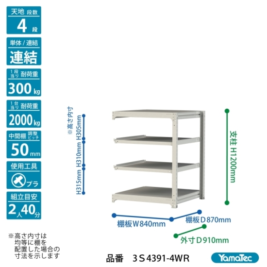 【ポイント5倍】【直送品】 山金工業 ボルトレス中量ラック 300kg/段 連結 3S4391-4WR 【大型】の画像