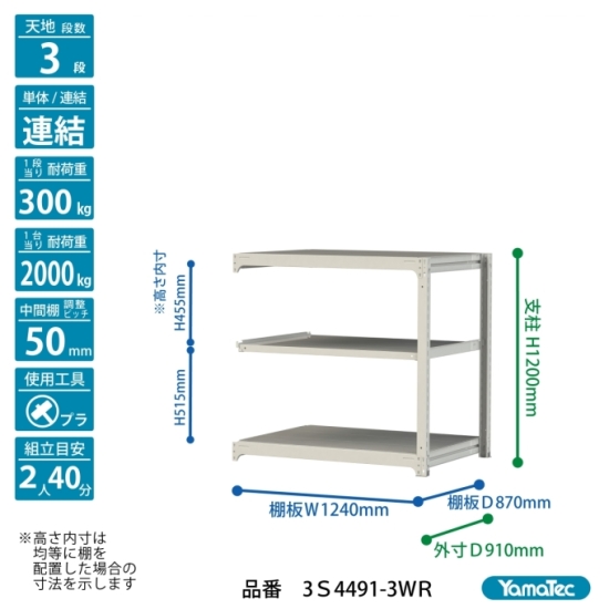 【ポイント10倍】【直送品】 山金工業 ボルトレス中量ラック 300kg/段 連結 3S4491-3WR 【大型】の画像