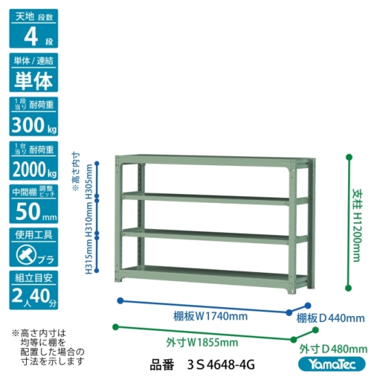 【ポイント10倍】【直送品】 山金工業 ボルトレス中量ラック 300kg/段 単体 3S4648-4G 【大型】_1