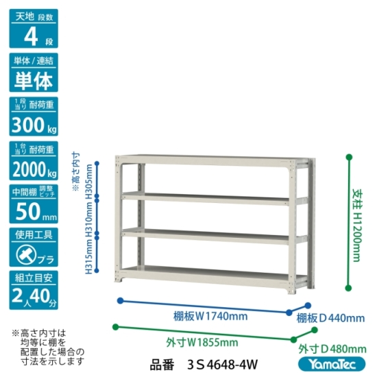 【ポイント10倍】【直送品】 山金工業 ボルトレス中量ラック 300kg/段 単体 3S4648-4W 【大型】_1
