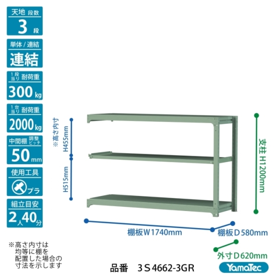 【ポイント5倍】【直送品】 山金工業 ボルトレス中量ラック 300kg/段 連結 3S4662-3GR 【大型】の画像