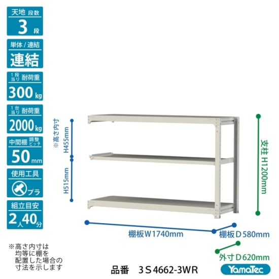 【ポイント5倍】【直送品】 山金工業 ボルトレス中量ラック 300kg/段 連結 3S4662-3WR 【大型】の画像