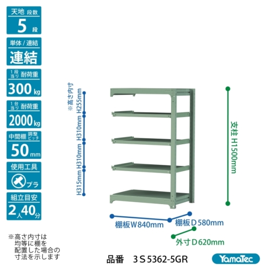 【ポイント10倍】【直送品】 山金工業 ボルトレス中量ラック 300kg/段 連結 3S5362-5GR 【大型】_1