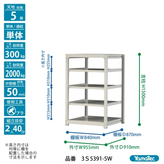 【ポイント10倍】【直送品】 山金工業 ボルトレス中量ラック 300kg/段 単体 3S5391-5W 【大型】_1