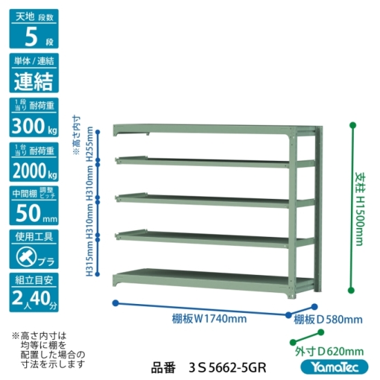 【ポイント10倍】【直送品】 山金工業 ボルトレス中量ラック 300kg/段 連結 3S5662-5GR 【大型】の画像