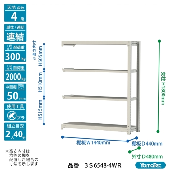 【ポイント5倍】【直送品】 山金工業 ボルトレス中量ラック 300kg/段 連結 3S6548-4WR 【大型】_1