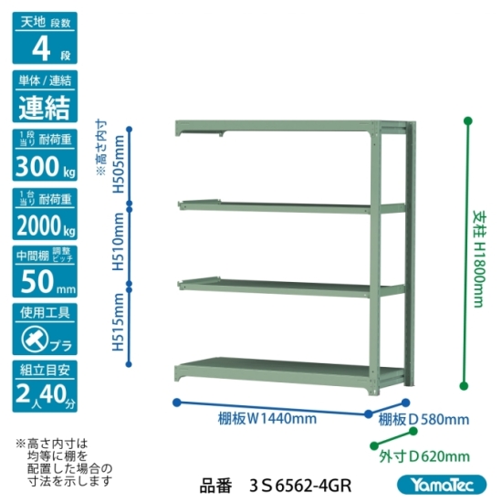 【直送品】 山金工業 ボルトレス中量ラック 300kg/段 連結 3S6562-4GR 【大型】の画像