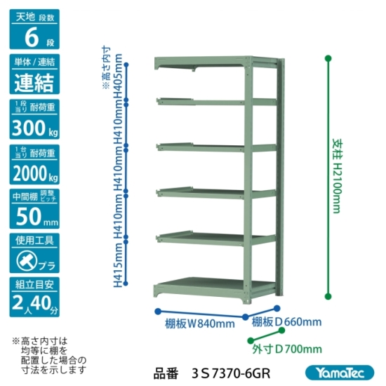 【ポイント5倍】【直送品】 山金工業 ボルトレス中量ラック 300kg/段 連結 3S7370-6GR 【大型】の画像