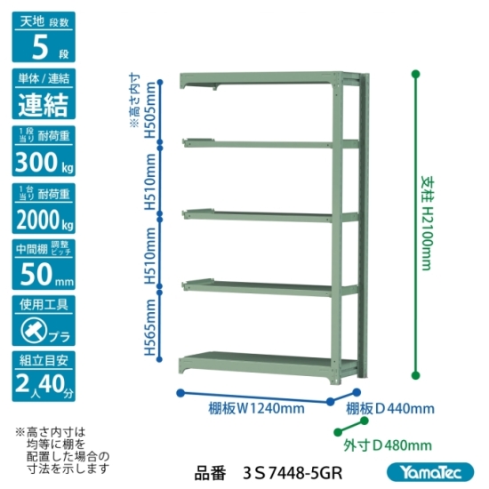 【ポイント5倍】【直送品】 山金工業 ボルトレス中量ラック 300kg/段 連結 3S7448-5GR 【大型】_1