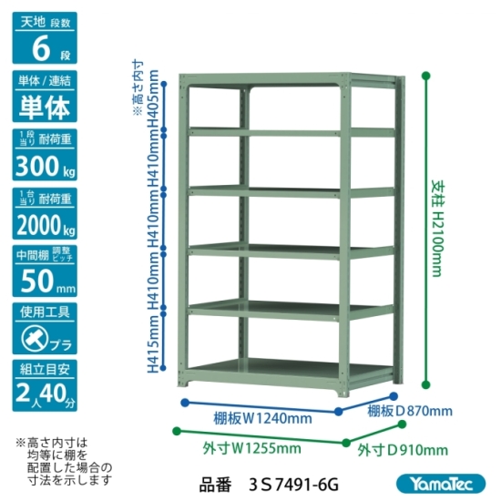 【ポイント10倍】【直送品】 山金工業 ボルトレス中量ラック 300kg/段 単体 3S7491-6G 【大型】の画像