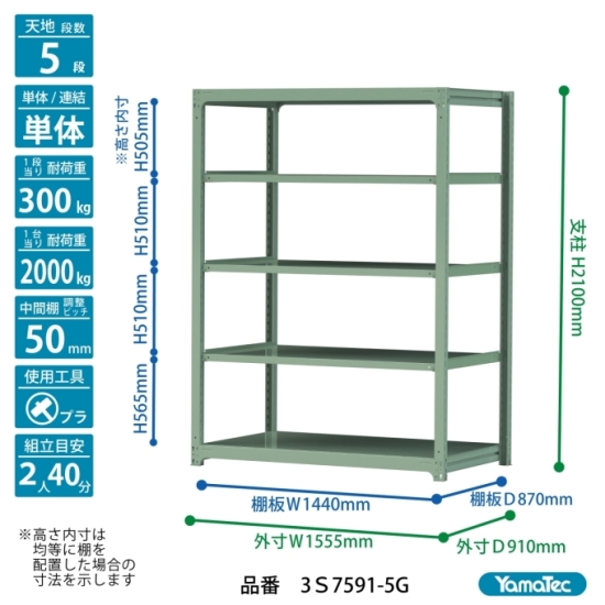 【ポイント10倍】【直送品】 山金工業 ボルトレス中量ラック 300kg/段 単体 3S7591-5G 【大型】の画像