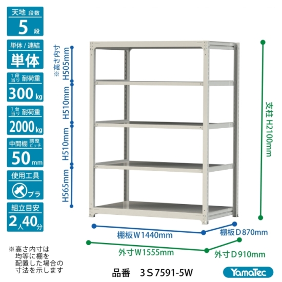 【ポイント10倍】【直送品】 山金工業 ボルトレス中量ラック 300kg/段 単体 3S7591-5W 【大型】の画像