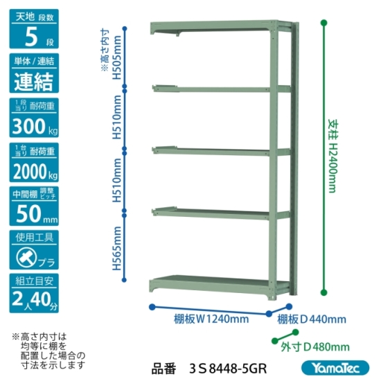【ポイント10倍】【直送品】 山金工業 ボルトレス中量ラック 300kg/段 連結 3S8448-5GR 【大型】の画像