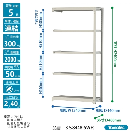 【ポイント10倍】【直送品】 山金工業 ボルトレス中量ラック 300kg/段 連結 3S8448-5WR 【大型】の画像