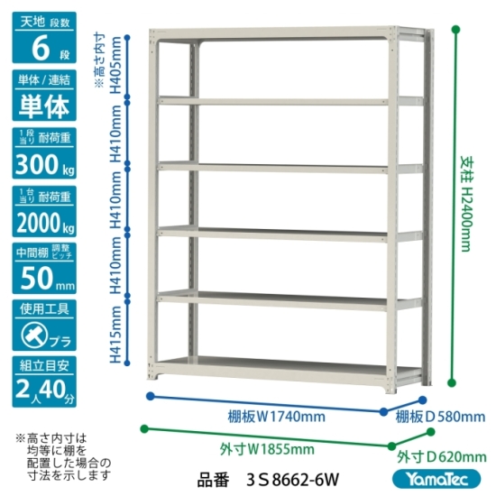 【ポイント5倍】【直送品】 山金工業 ボルトレス中量ラック 300kg/段 単体 3S8662-6W 【大型】の画像