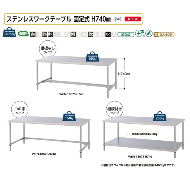 【ポイント10倍】【直送品】 山金工業 ステンレスワークテーブル 固定式 H740mm WBN-15090-H740 SUS304 棚板付きタイプ 【大型】