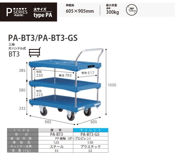 【ポイント10倍】【直送品】 花岡車輌 プラスチック製台車 ダンディ PA-BT3 三段・片ハンドル式 【特大・送料別】の画像