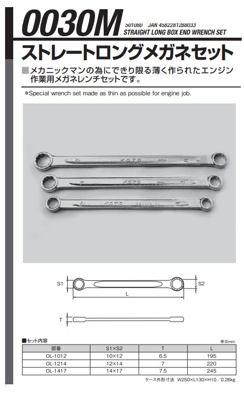 直送品】 江東産業(KOTO) ストレートメガネレンチ3本組セット 0030M