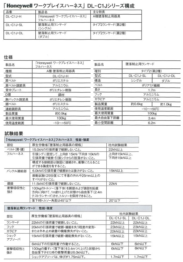 ハネウェル ワークプレイスハーネス 安全帯 DL-C1J-H ランヤードダブル