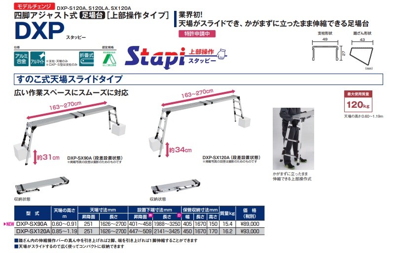 PiCa (ピカ) 四脚アジャスト式足場台 スタッピー DXP-SX120A 〈上部操作タイプ〉