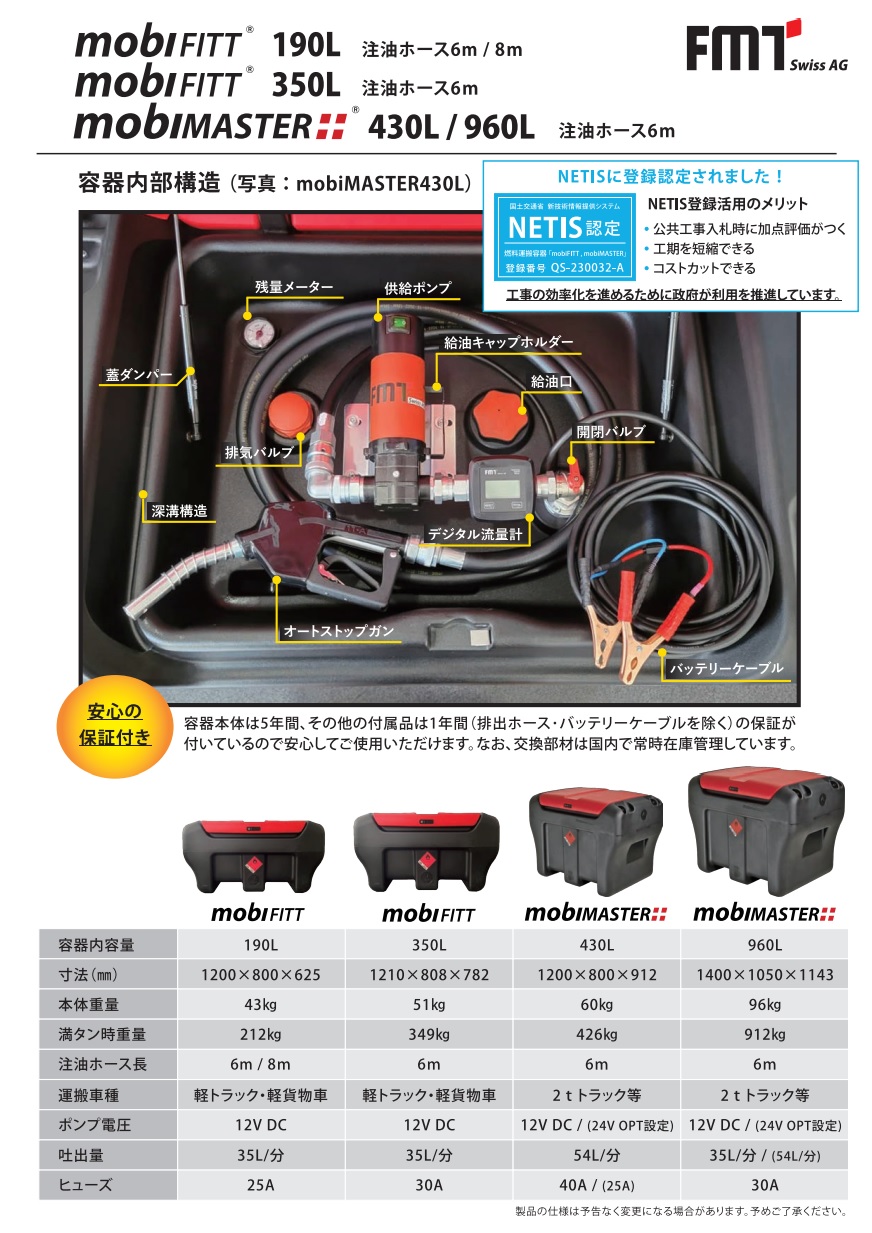 【ポイント5倍】【直送品】 リタプラス 燃料運搬容器 mobiMASTER-430L 12V ・ ホース6m FMTジャパン 【大型】の画像