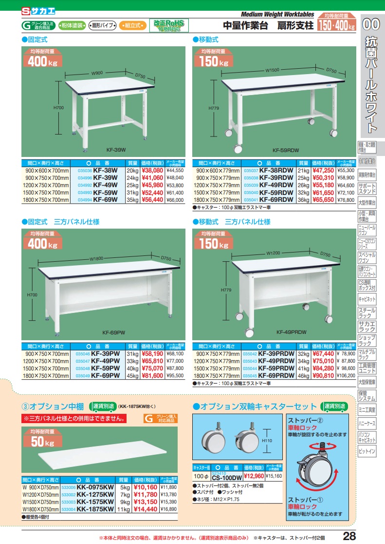 破格値下げ】 サカエ 中量作業台 扇形支柱 パールホワイト KF-39W ad