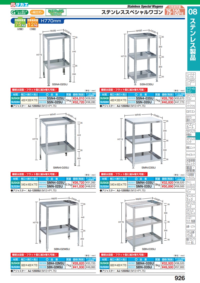 日本産】 サカエ ステンレススペシャルワゴン 固定式 SMN4-03SU ad