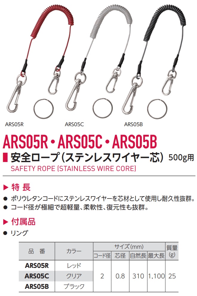 【直送品】 スーパーツール 安全ロープ(ステンレスワイヤー芯) 500g用 ARS05B｜douguyasan｜02