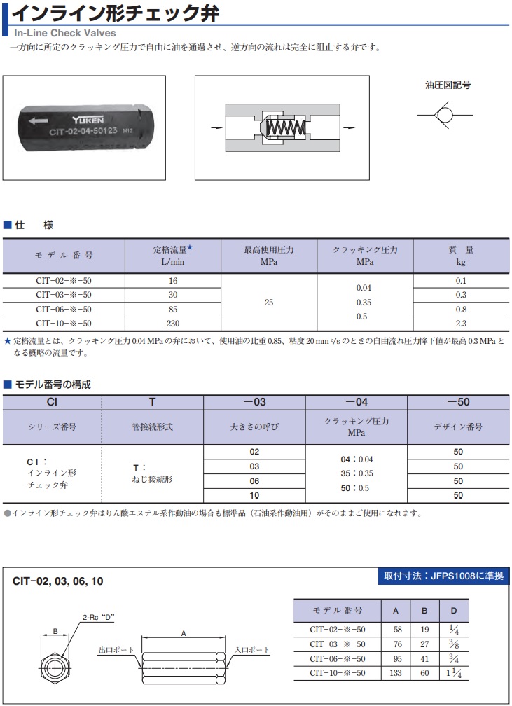 お求めやすく価格改定 【直送品】 油研工業 インライン形チェック弁 CIT-03-50-50