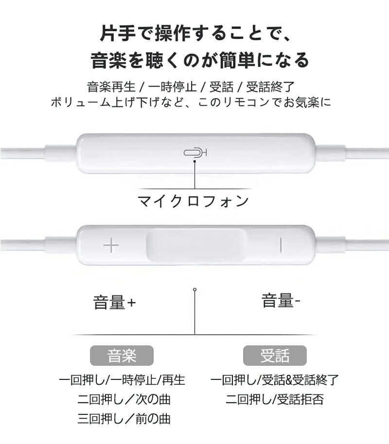 iPhone 用 有線イヤホン 通話・音楽再生 マイク付き 重低音 ステレオ
