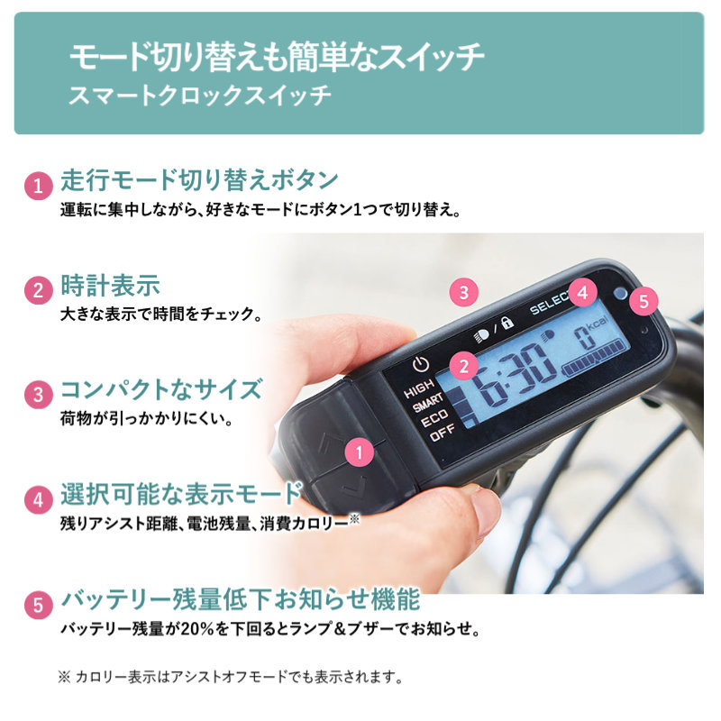 時計表示、消費カロリー、バッテリー残量を確認でき、バッテリー残量低下お知らせランプ&ブザー付きのスマートクロックスイッチ