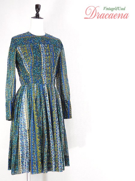 ワンピース古着 長袖フレアワンピ 1960年代頃 ボトムス 古着屋ドラセナショップのワンピース古着 ヴィンテージワンピ 花柄ストライプ柄 インド綿風 長袖フレアワンピ 17lfe14m 古着屋ドラセナショップ シャーリングデザイン ひざ丈