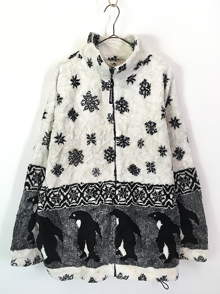 古着 90s USA製 BLACK MOUNTAIN ペンギン 雪柄 フリース ジャケット XL 