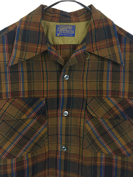 古着 60-70s Pendleton レトロ チェック 開襟 ボックス ウール シャツ