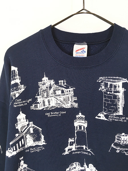 古着 80s USA製 Michigan Rag 灯台 マルチ アート 総柄 スウェット