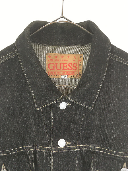 古着 90s USA製 GUESS 真黒 先染め スーパー ブラック デニム 