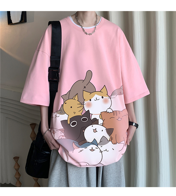 半袖Tシャツ メンズ ビックシルエット 五分袖 猫ロゴ おもしろシャツ 可愛い 大きい 丸首 ネコ ...