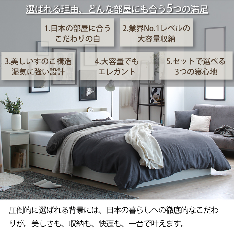 ベッド 白 ダブルベッド 収納付き 白い ホワイト おしゃれ 可愛い ベット 収納 宮 棚 コンセント 匠 マットレス＆とろけるカバー付 ダブル 組立設置付_5